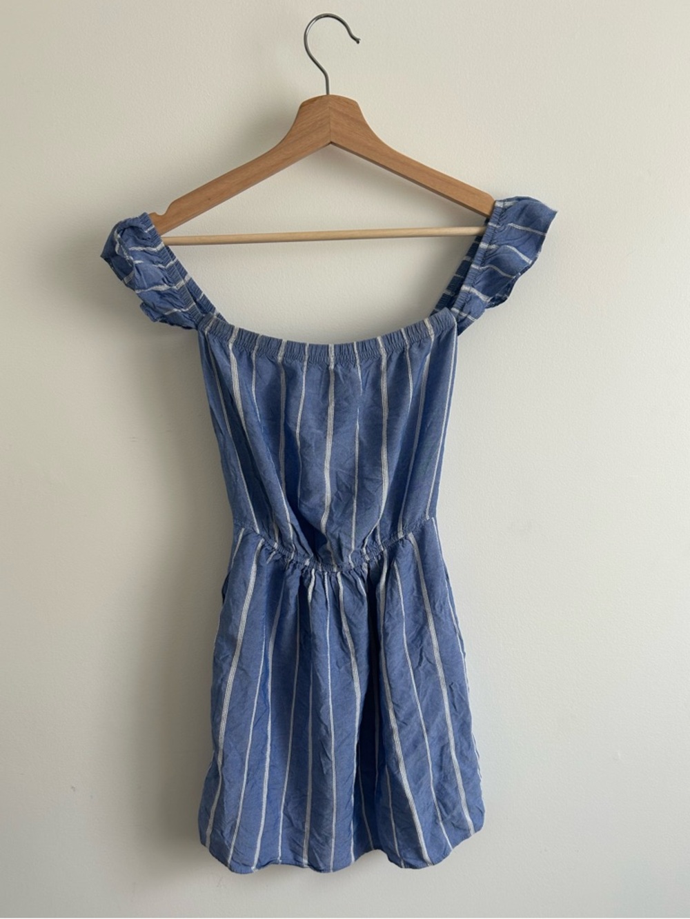 American Eagle Outfitters Blue and White Striped Off-Shoulder Romper